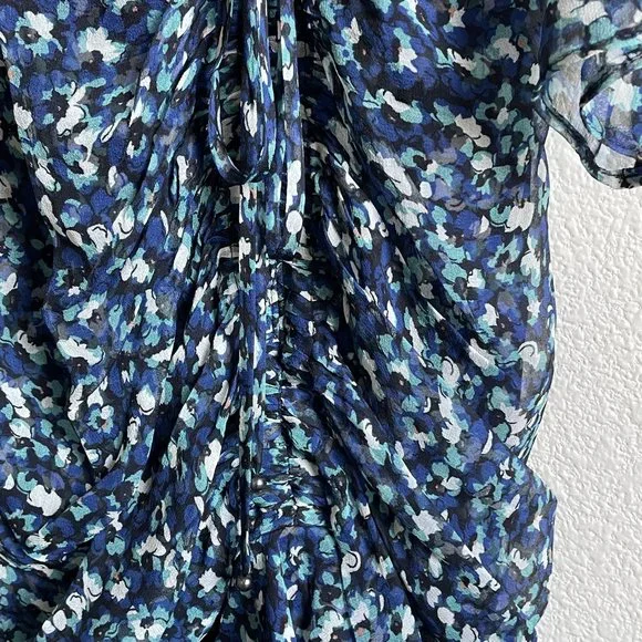 Veronica Beard Dress Anjali Ruched Blue Floral Print Silk Mini Length Womens 14 - Picture 4 of 14